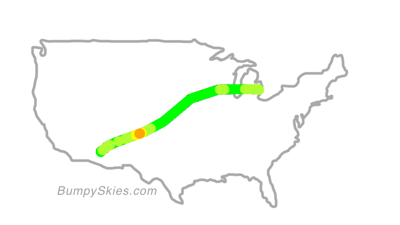 Map of continental US with illustrated flight path and turbulence forecast (described in text below)
