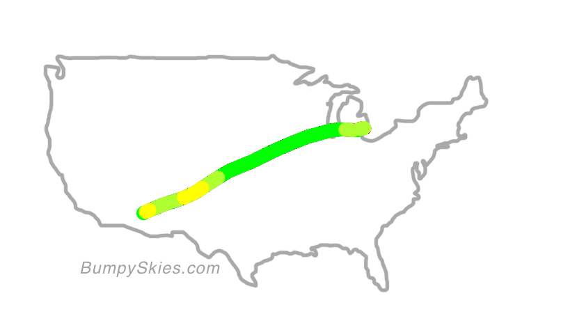 Map of continental US with illustrated flight path and turbulence forecast (described in text below)