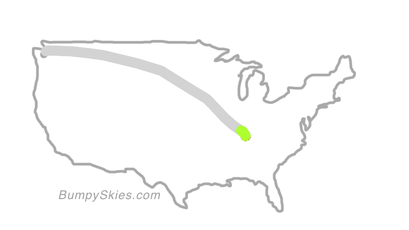 Map of continental US with illustrated flight path and turbulence forecast (described in text below)