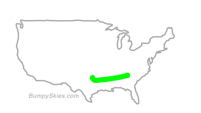 Map of continental US with illustrated flight path and turbulence forecast (described in text below)