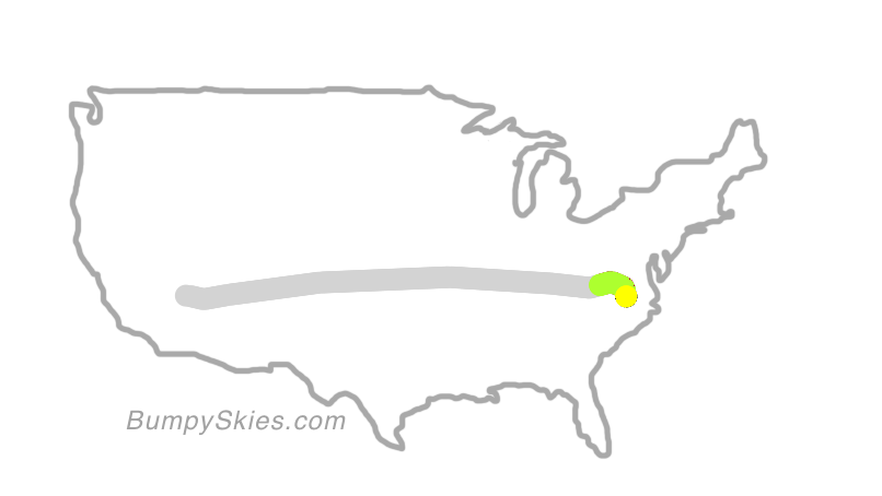 Map of continental US with illustrated flight path and turbulence forecast (described in text below)