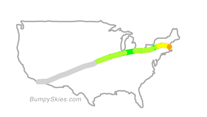 Map of continental US with illustrated flight path and turbulence forecast (described in text below)