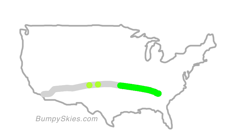 Map of continental US with illustrated flight path and turbulence forecast (described in text below)