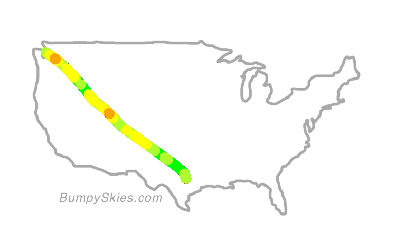 Map of continental US with illustrated flight path and turbulence forecast (described in text below)