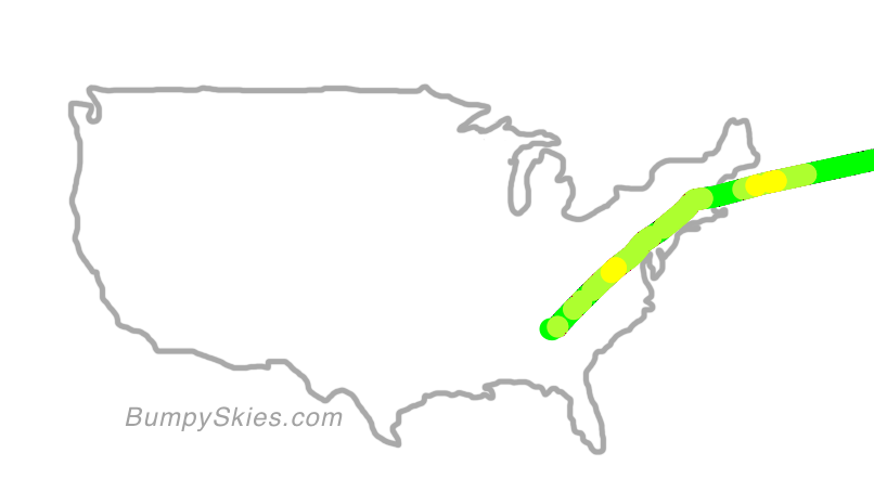 Map of continental US with illustrated flight path and turbulence forecast (described in text below)
