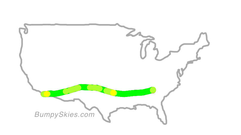 Map of continental US with illustrated flight path and turbulence forecast (described in text below)
