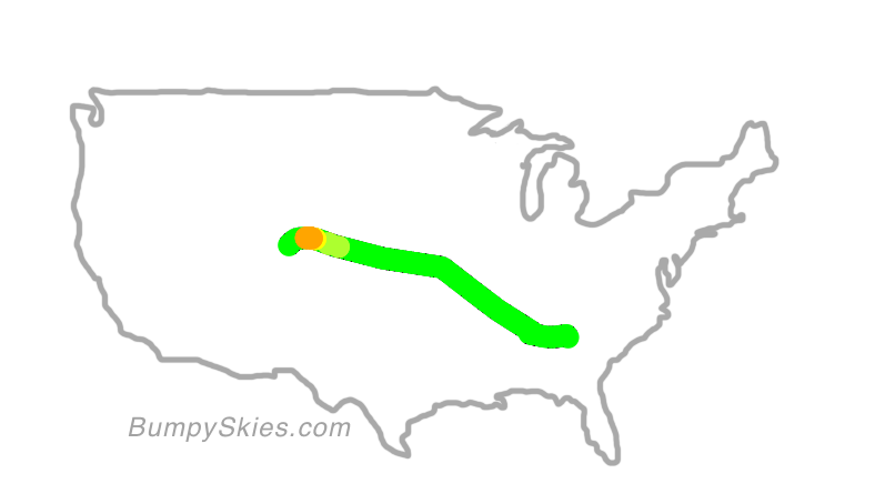 Map of continental US with illustrated flight path and turbulence forecast (described in text below)