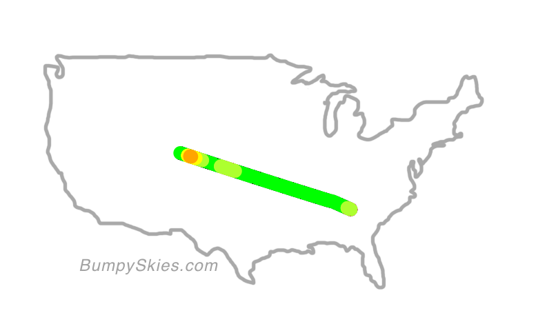 Map of continental US with illustrated flight path and turbulence forecast (described in text below)