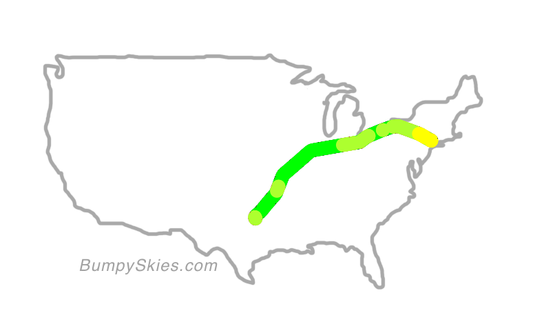 Map of continental US with illustrated flight path and turbulence forecast (described in text below)