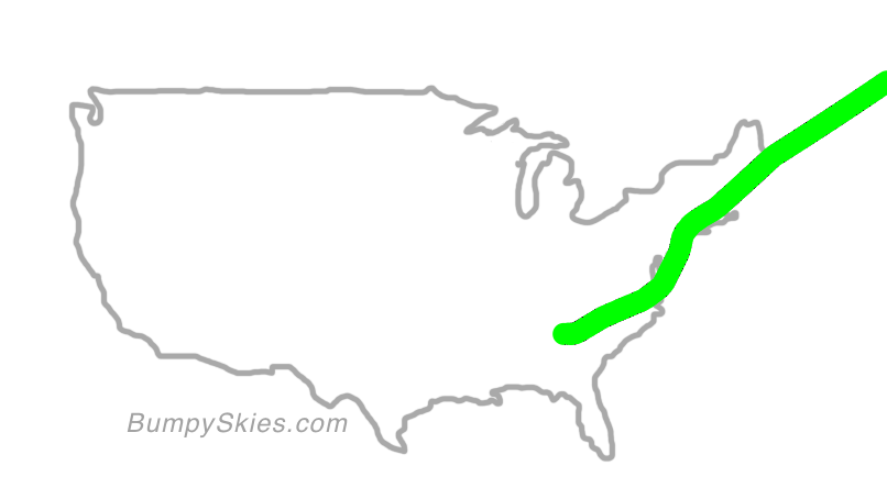 Map of continental US with illustrated flight path and turbulence forecast (described in text below)