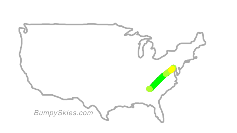 Map of continental US with illustrated flight path and turbulence forecast (described in text below)