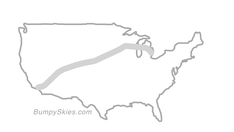 Map of continental US with illustrated flight path and turbulence forecast (described in text below)