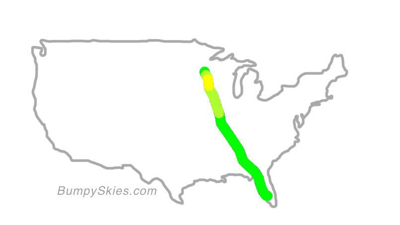 Map of continental US with illustrated flight path and turbulence forecast (described in text below)
