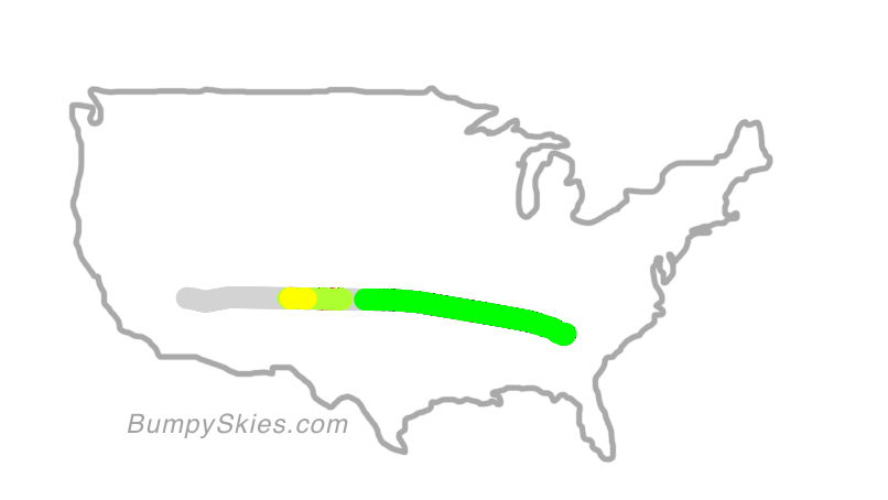 Map of continental US with illustrated flight path and turbulence forecast (described in text below)