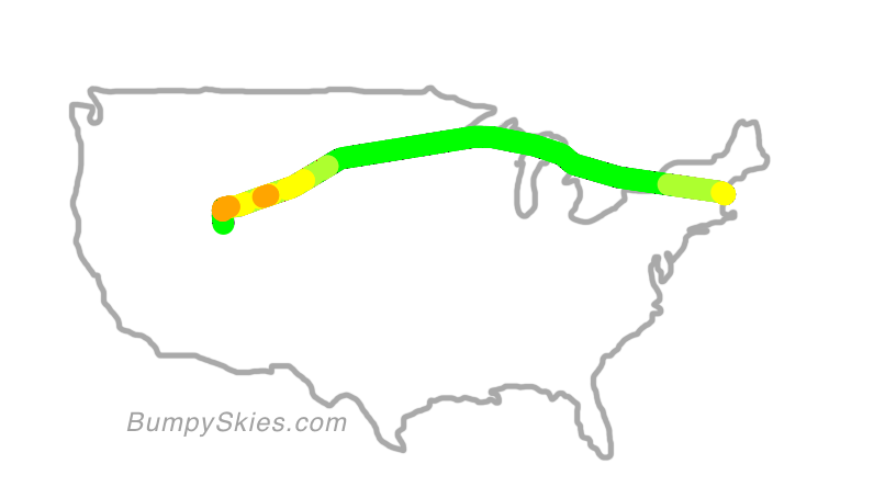 Map of continental US with illustrated flight path and turbulence forecast (described in text below)