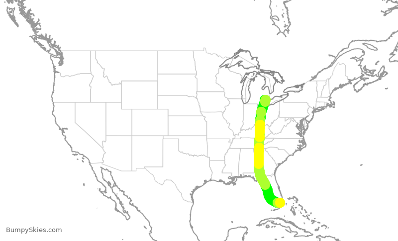 Turbulence forecast map for DAL866, DTW to MIA