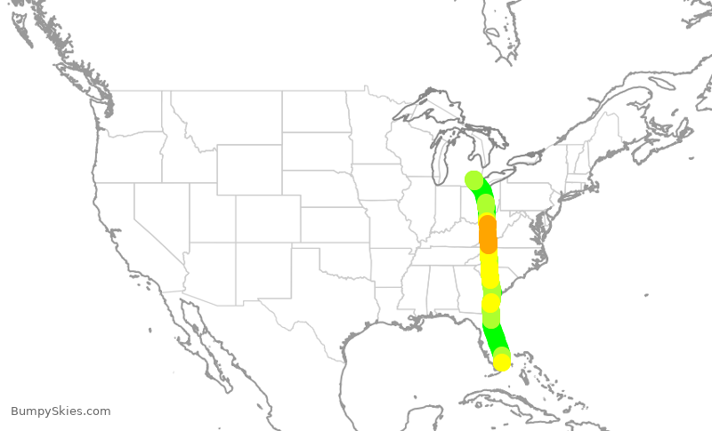 Turbulence forecast map for DAL866, MIA to DTW