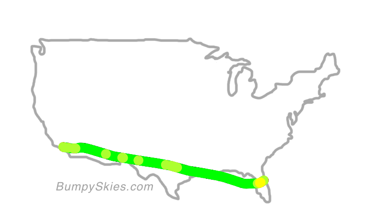 Map of continental US with illustrated flight path and turbulence forecast (described in text below)
