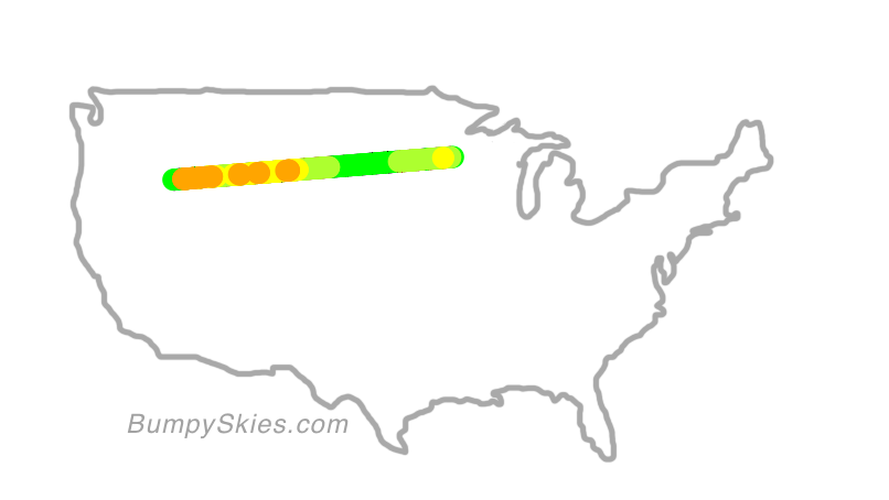 Map of continental US with illustrated flight path and turbulence forecast (described in text below)