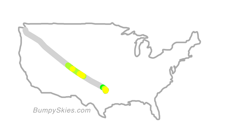 Map of continental US with illustrated flight path and turbulence forecast (described in text below)