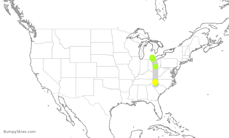 Turbulence forecast map for DAL876, GSP to DTW