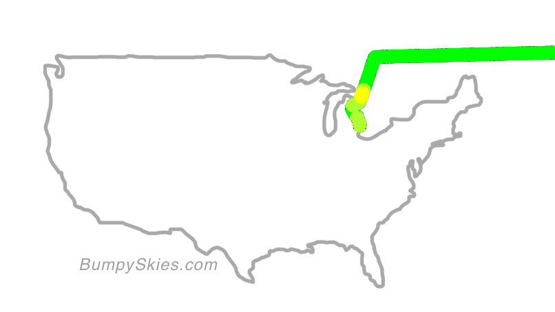 Map of continental US with illustrated flight path and turbulence forecast (described in text below)