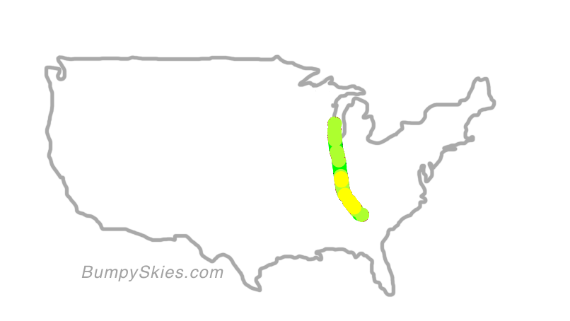 Map of continental US with illustrated flight path and turbulence forecast (described in text below)