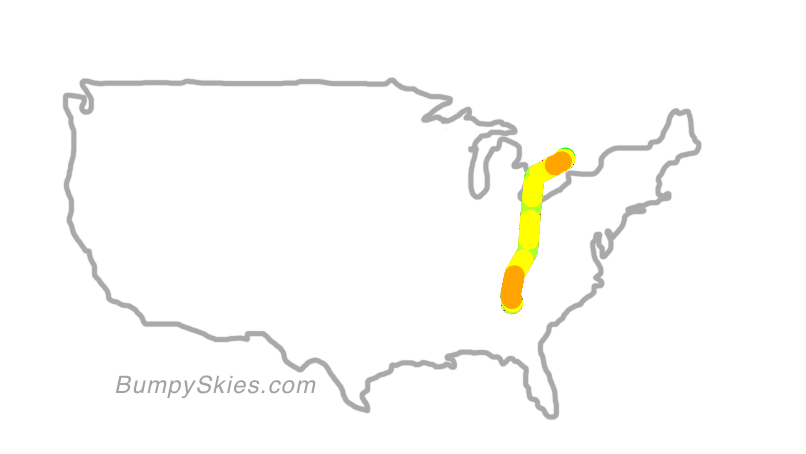 Map of continental US with illustrated flight path and turbulence forecast (described in text below)