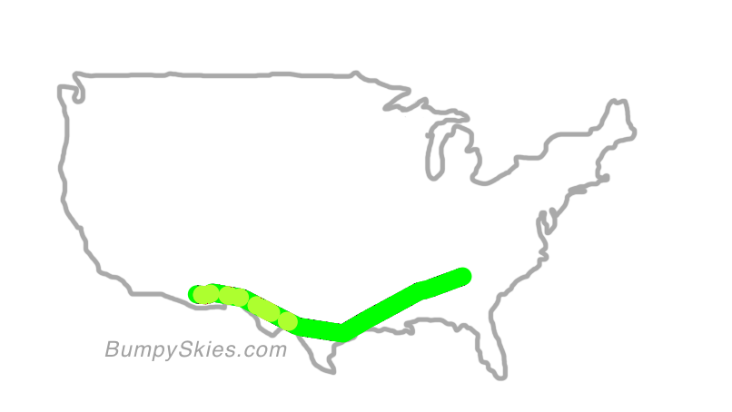 Map of continental US with illustrated flight path and turbulence forecast (described in text below)
