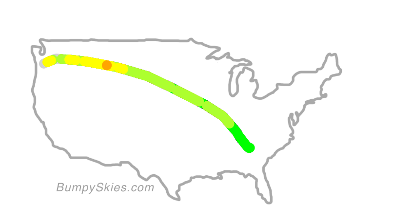 Map of continental US with illustrated flight path and turbulence forecast (described in text below)