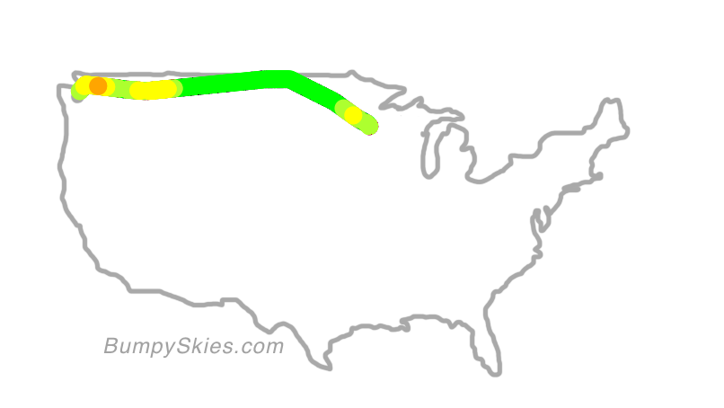 Map of continental US with illustrated flight path and turbulence forecast (described in text below)