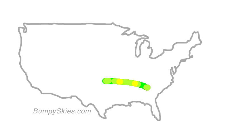 Map of continental US with illustrated flight path and turbulence forecast (described in text below)