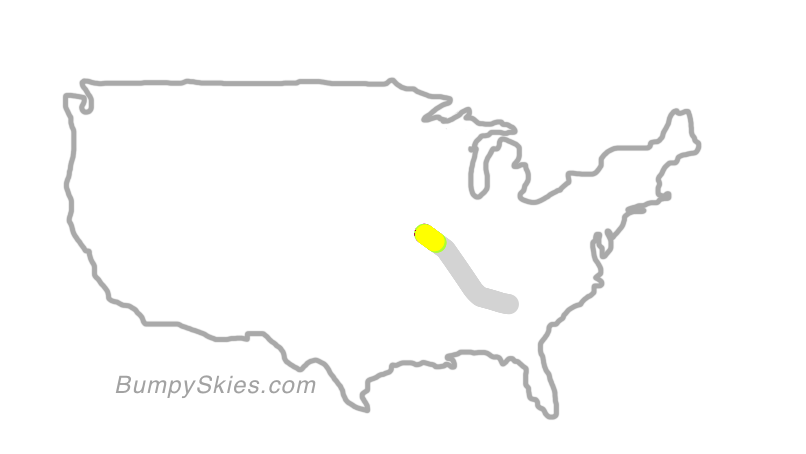 Map of continental US with illustrated flight path and turbulence forecast (described in text below)