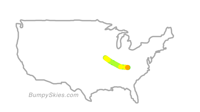 Map of continental US with illustrated flight path and turbulence forecast (described in text below)