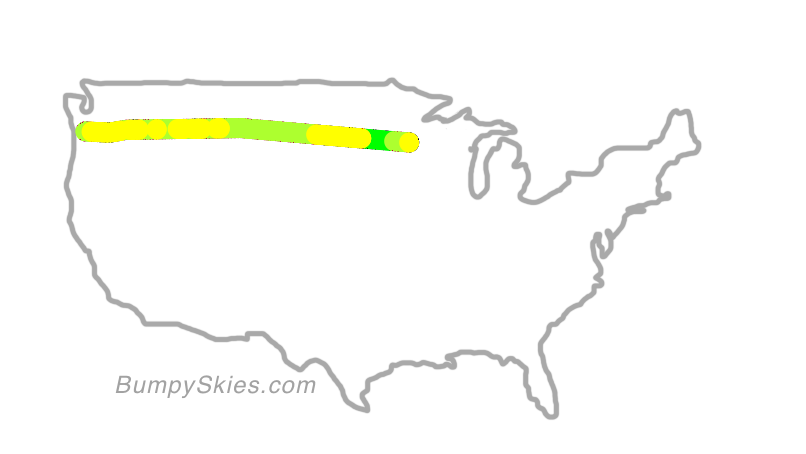 Map of continental US with illustrated flight path and turbulence forecast (described in text below)