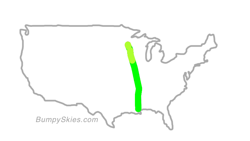 Map of continental US with illustrated flight path and turbulence forecast (described in text below)