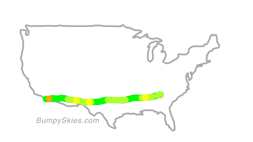 Map of continental US with illustrated flight path and turbulence forecast (described in text below)
