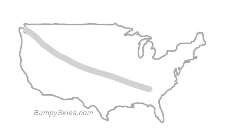 Map of continental US with illustrated flight path and turbulence forecast (described in text below)