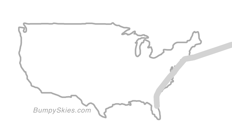 Map of continental US with illustrated flight path and turbulence forecast (described in text below)