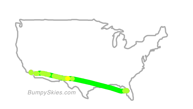 Map of continental US with illustrated flight path and turbulence forecast (described in text below)