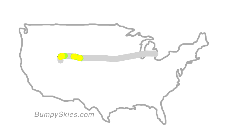 Map of continental US with illustrated flight path and turbulence forecast (described in text below)