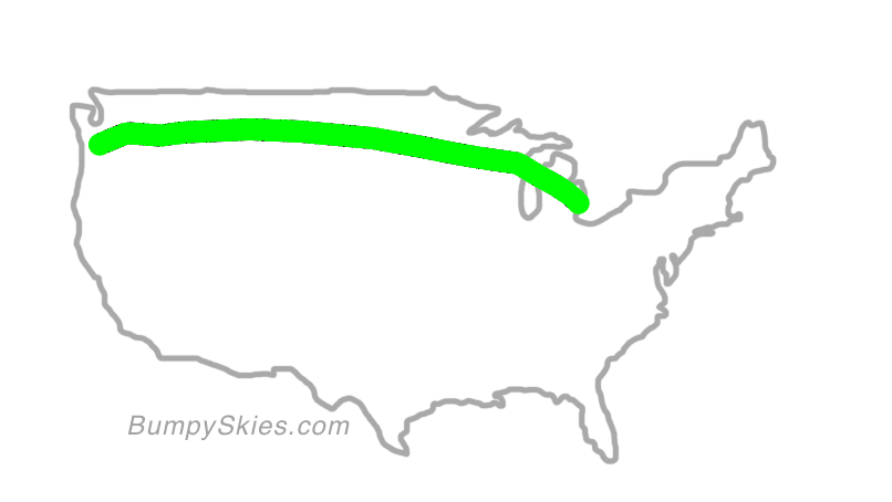 Map of continental US with illustrated flight path and turbulence forecast (described in text below)