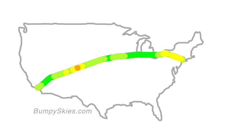 Map of continental US with illustrated flight path and turbulence forecast (described in text below)