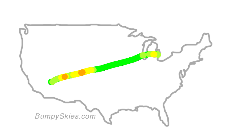 Map of continental US with illustrated flight path and turbulence forecast (described in text below)