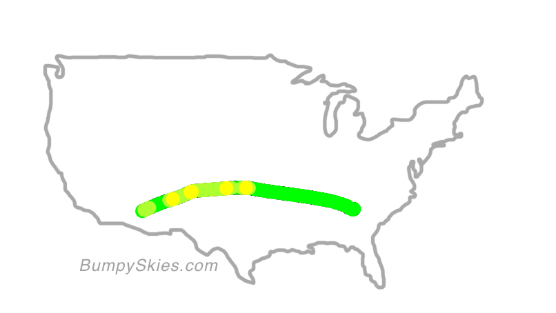 Map of continental US with illustrated flight path and turbulence forecast (described in text below)