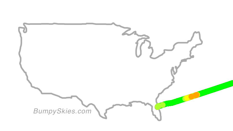 Map of continental US with illustrated flight path and turbulence forecast (described in text below)