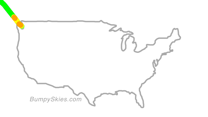 Map of continental US with illustrated flight path and turbulence forecast (described in text below)