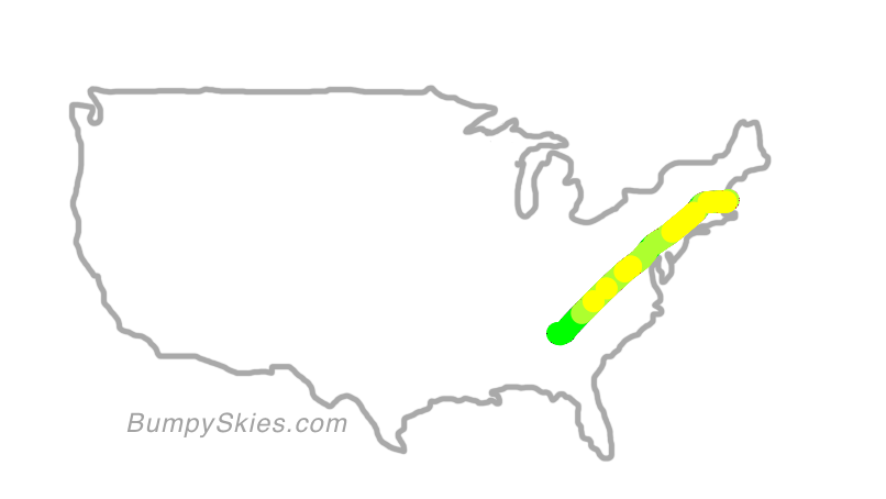 Map of continental US with illustrated flight path and turbulence forecast (described in text below)