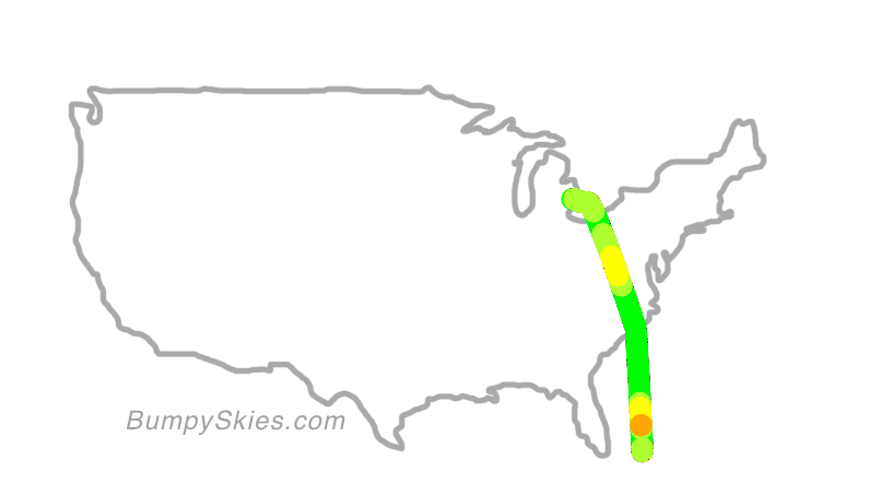 Map of continental US with illustrated flight path and turbulence forecast (described in text below)