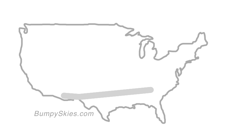Map of continental US with illustrated flight path and turbulence forecast (described in text below)